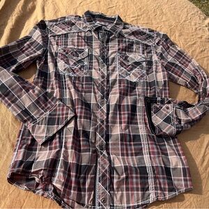 Buckle Black Athletic Fit Tan/Red/Black Plaid Western Snap Button Shirt Size L